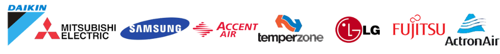 Air conditioning brands including Mitsubishi Electric, Samsung, ActronAir, Temperzone, LG, Fujitsu and Daikin