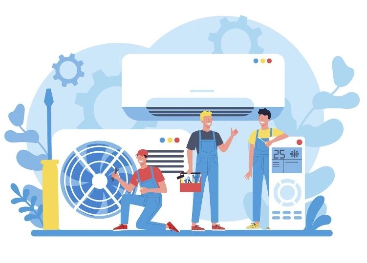 Illustration of technicians providing air conditioning maintenance