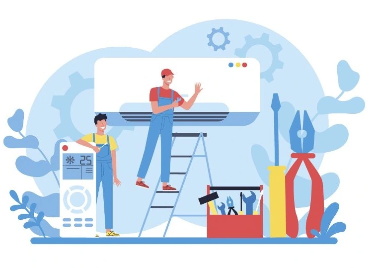 Illustration of technicians providing air conditioning repairs and cleaning services