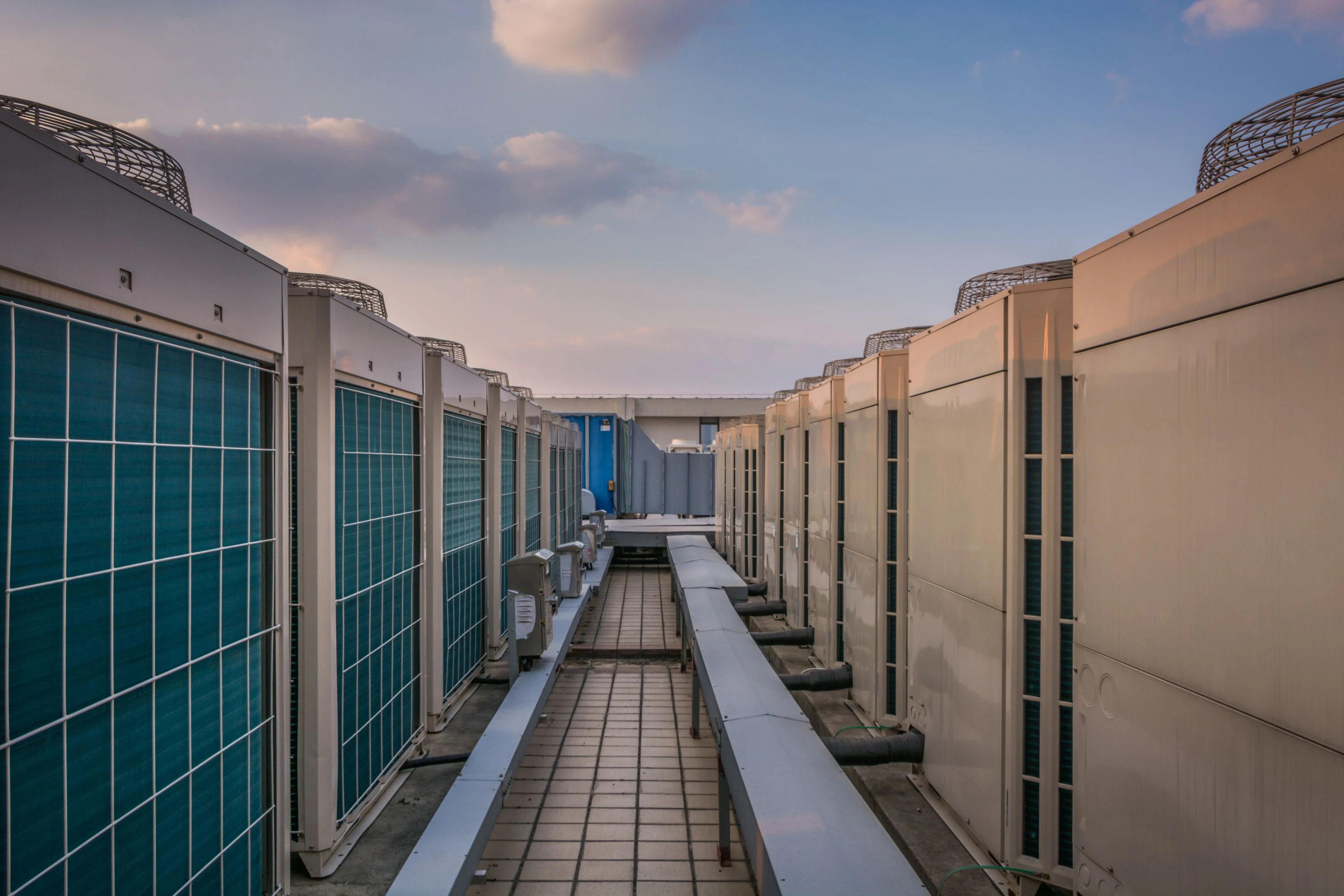 Rows of outdoor commercial air conditioning condenser units